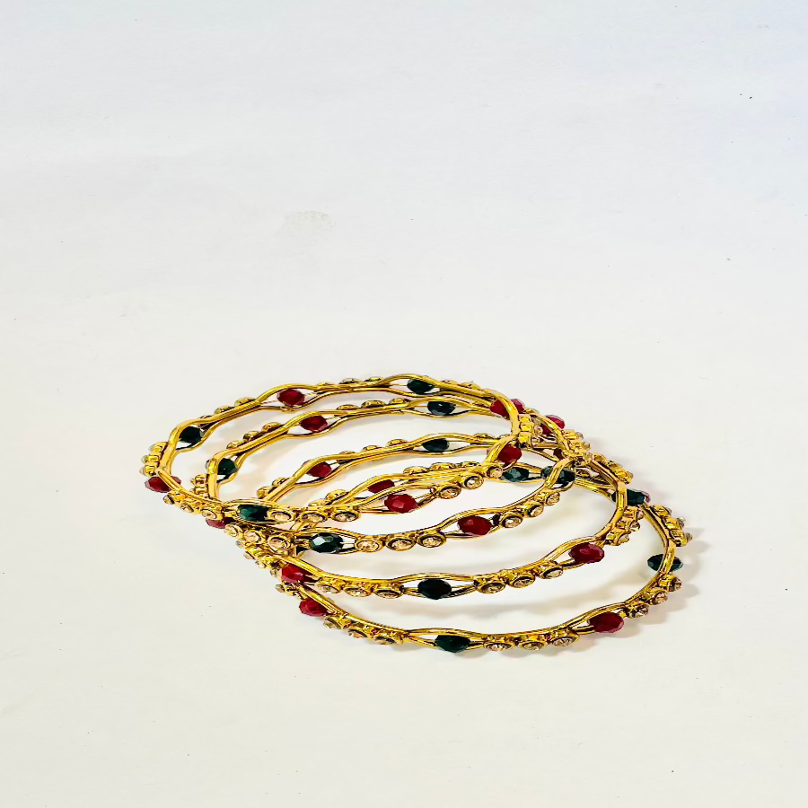 Elegant Gold-Plated Metal Bangles with Red and Green Stones