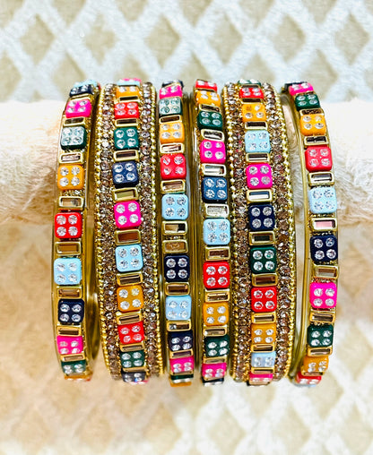 Elegant Multicolor Stone-Embellished Gold Bangle Set