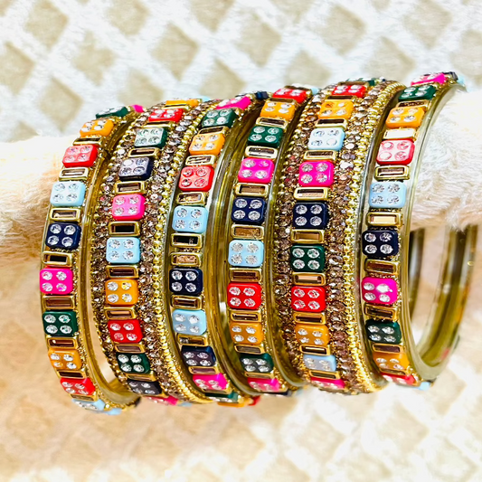 Elegant Multicolor Stone-Embellished Gold Bangle Set