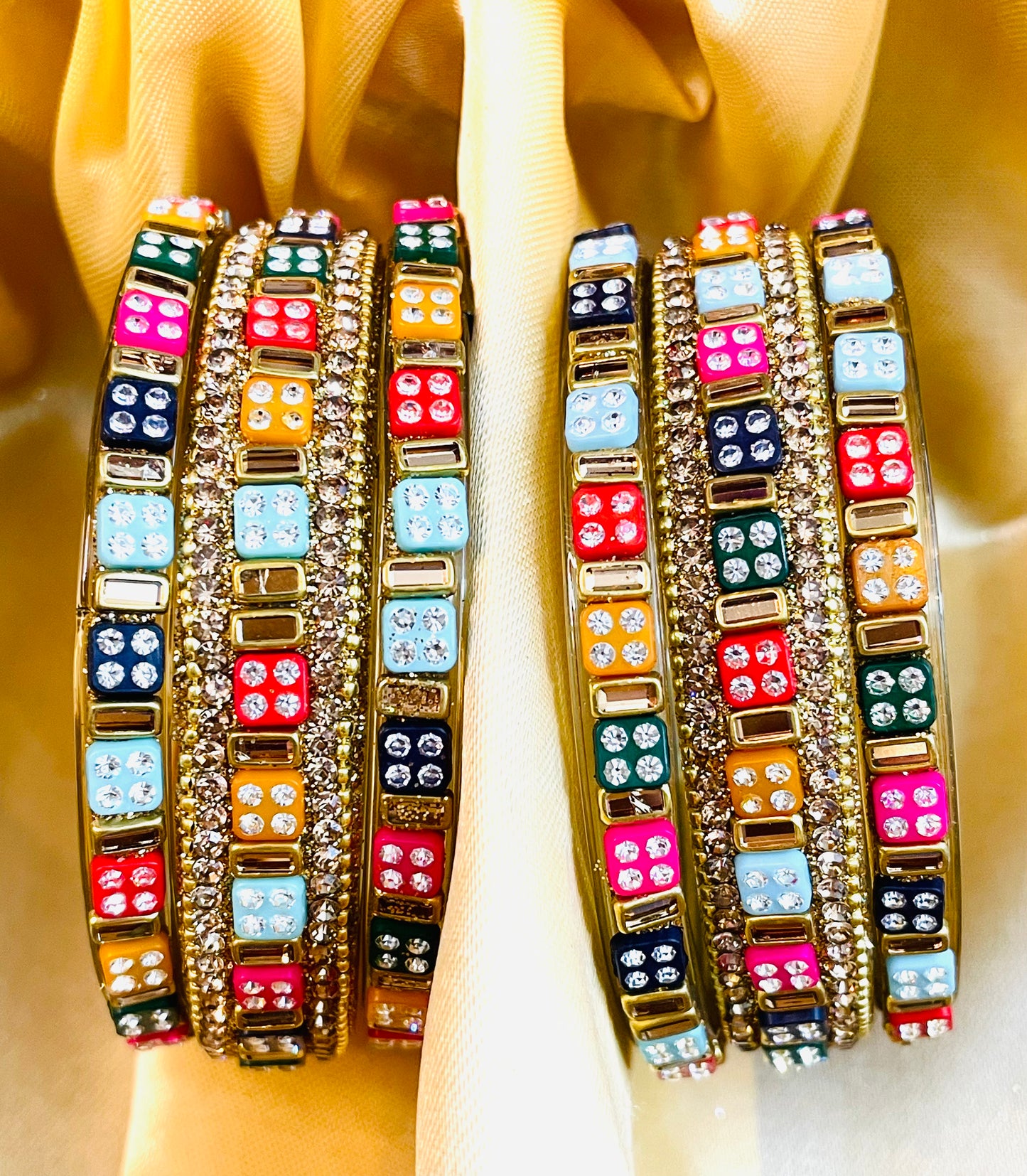 Elegant Multicolor Stone-Embellished Gold Bangle Set