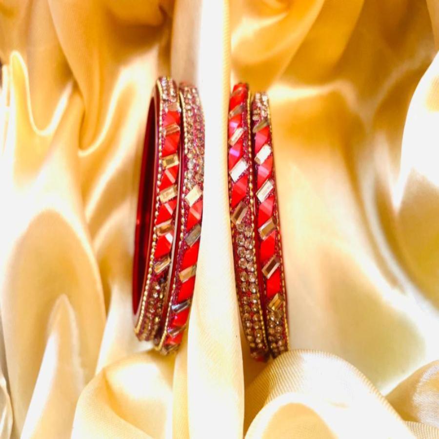 Vibrant Red and Gold Geometric Bangle Set