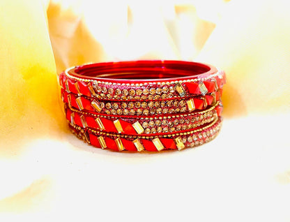 Vibrant Red and Gold Geometric Bangle Set