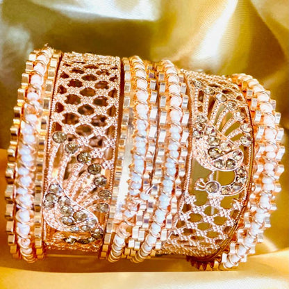 Rose Gold Pearl & Crystal-Embellished Bangles Set