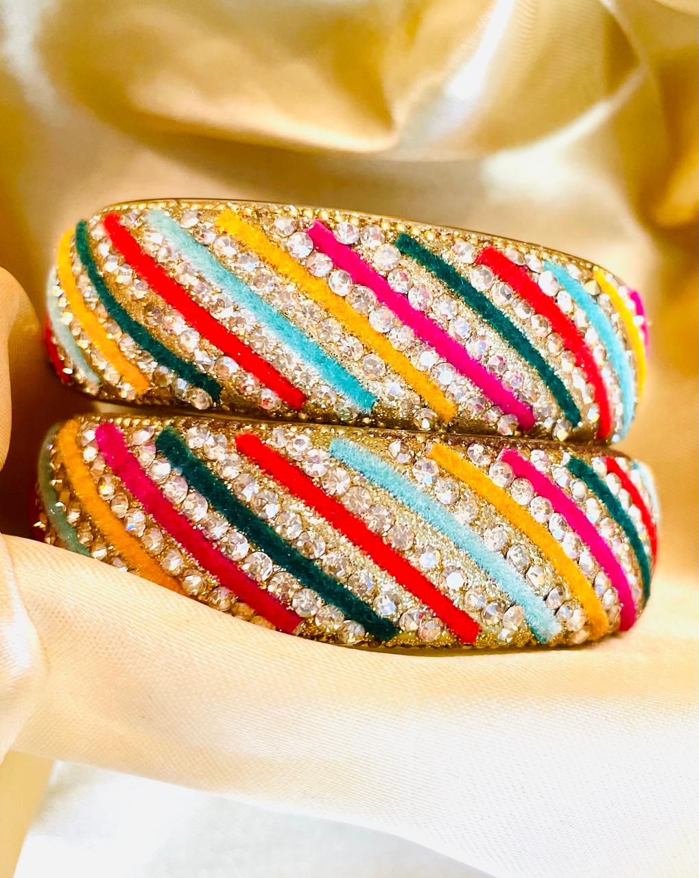 Vibrant Multicolored Velvet & Crystal Bangles Set