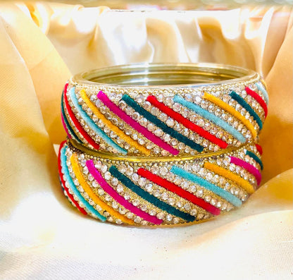 Vibrant Multicolored Velvet & Crystal Bangles Set