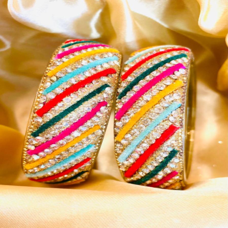 Vibrant Multicolored Velvet & Crystal Bangles Set