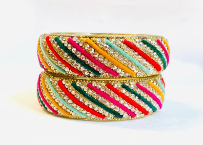 Vibrant Multicolored Velvet & Crystal Bangles Set